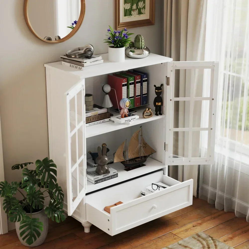 White Buffet Cabinet with Double Glass Doors and Drawer