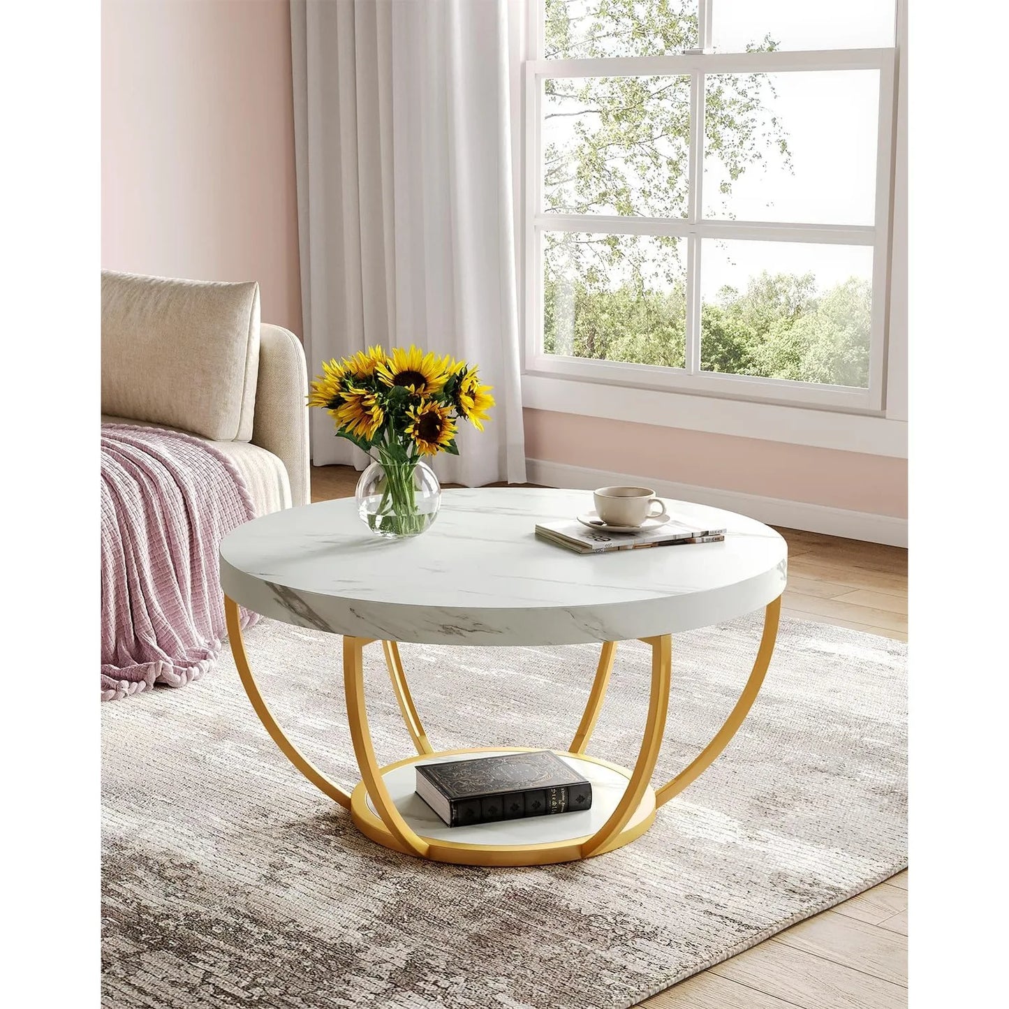 32" Circle Marble Coffee Table 2-Tier Metal Legs