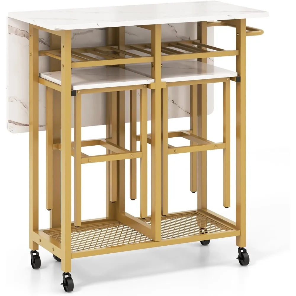 Dining Table  & 2 Stools Set w/ 6-Bottle Wine Rack