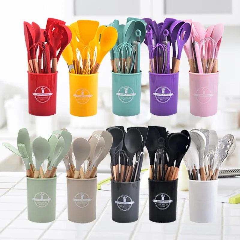 Kitchenware High Temperature Resistant Silicone with Wooden Handle12Set