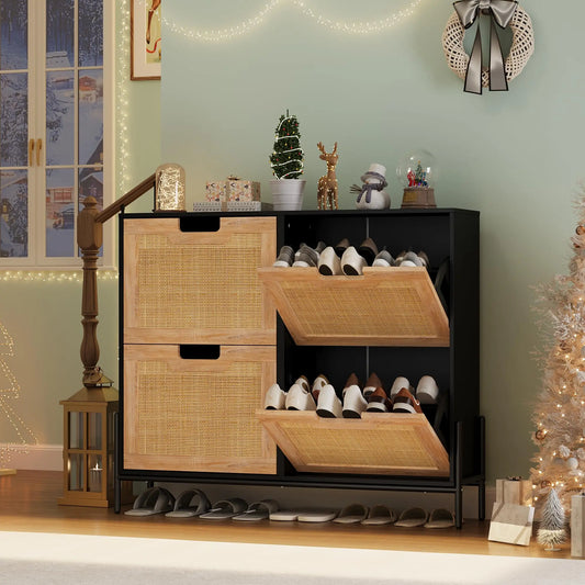 Natural Rattan Shoe Storage Cabinet with 4 Flip Drawers