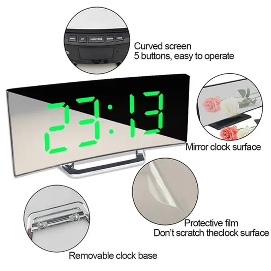 Curved Screen Mirror LED Digital Alarm Clock