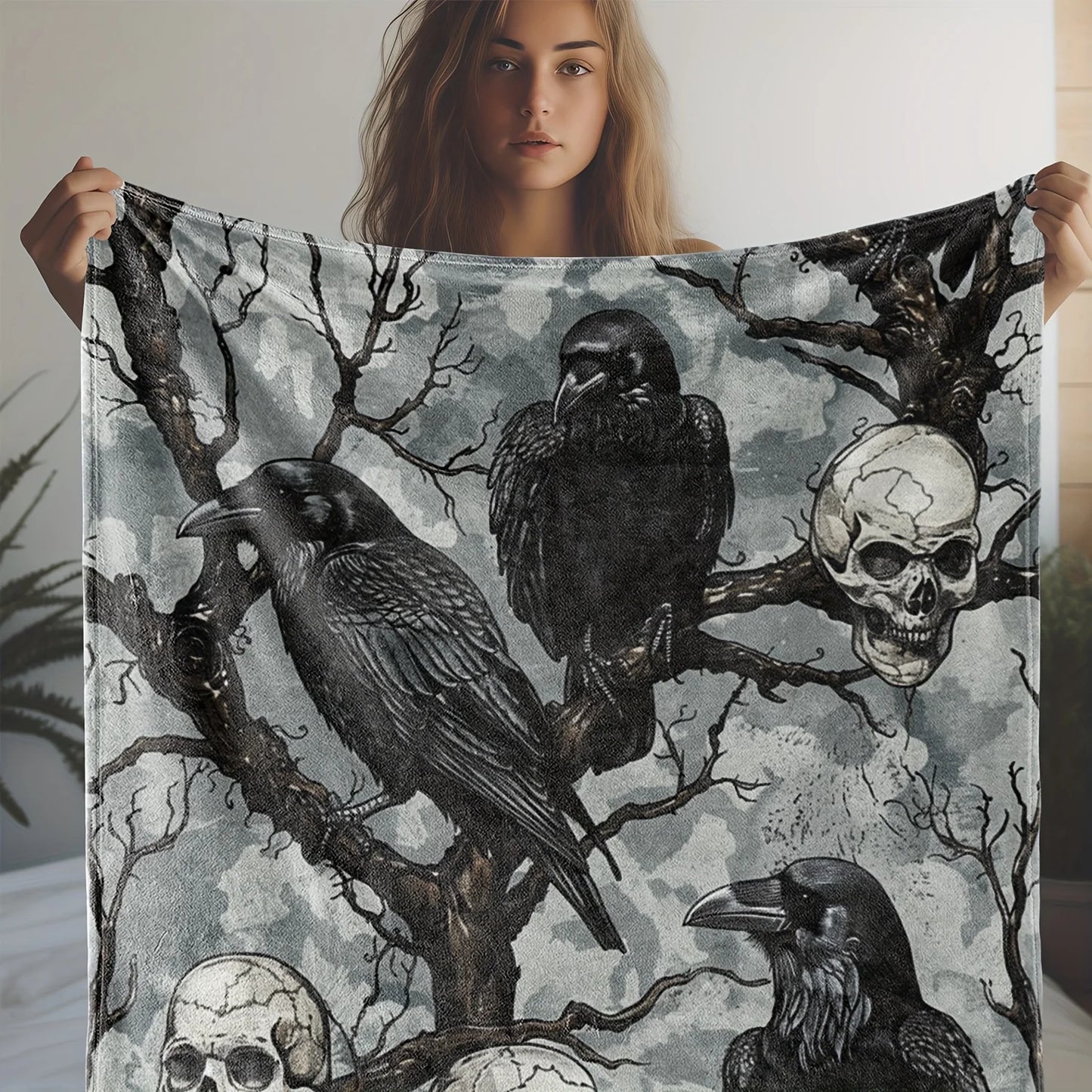 Halloween Skull & Black Crow Flannel Throw Blanket