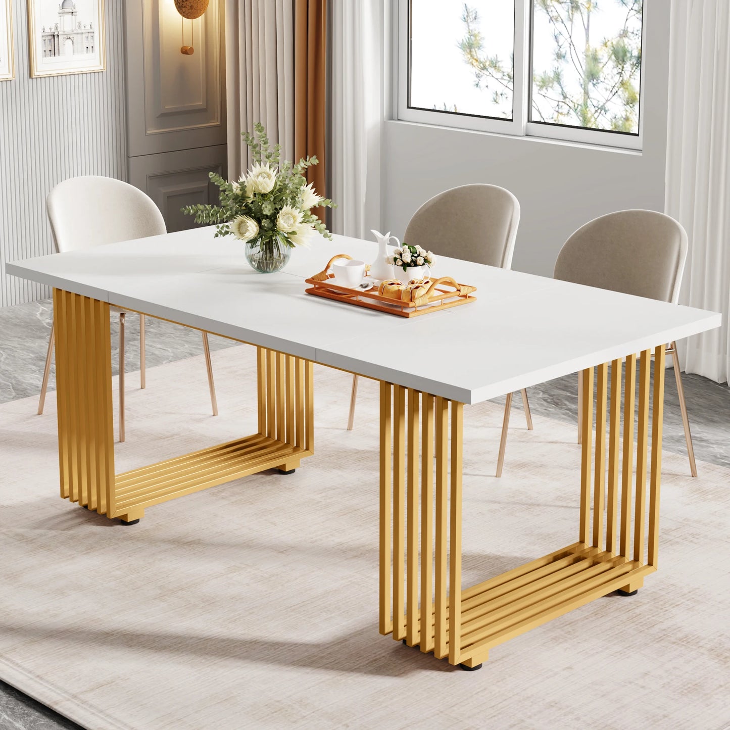 63-Inch Rectangular Dining Table with Faux Marble Table Top