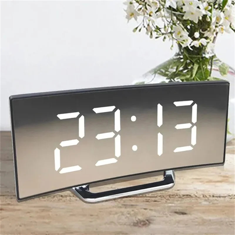 Curved Screen Mirror LED Digital Alarm Clock