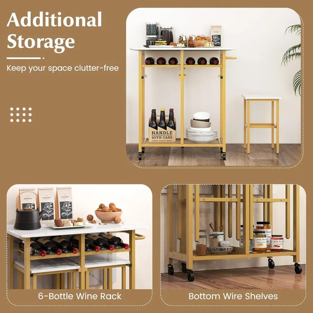 Dining Table  & 2 Stools Set w/ 6-Bottle Wine Rack