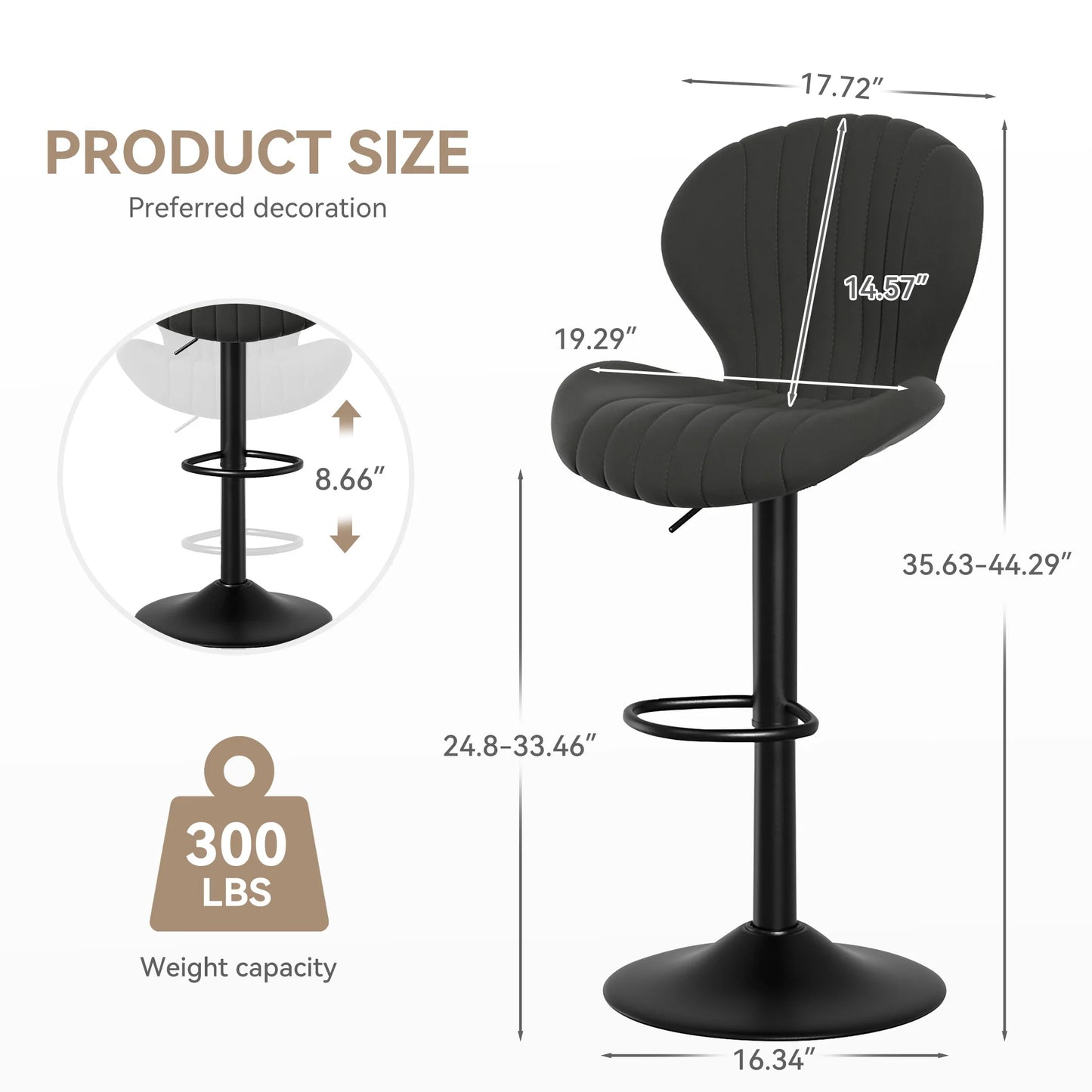 2 Pc Backrest Bar Stool Adjustable Height Rotating