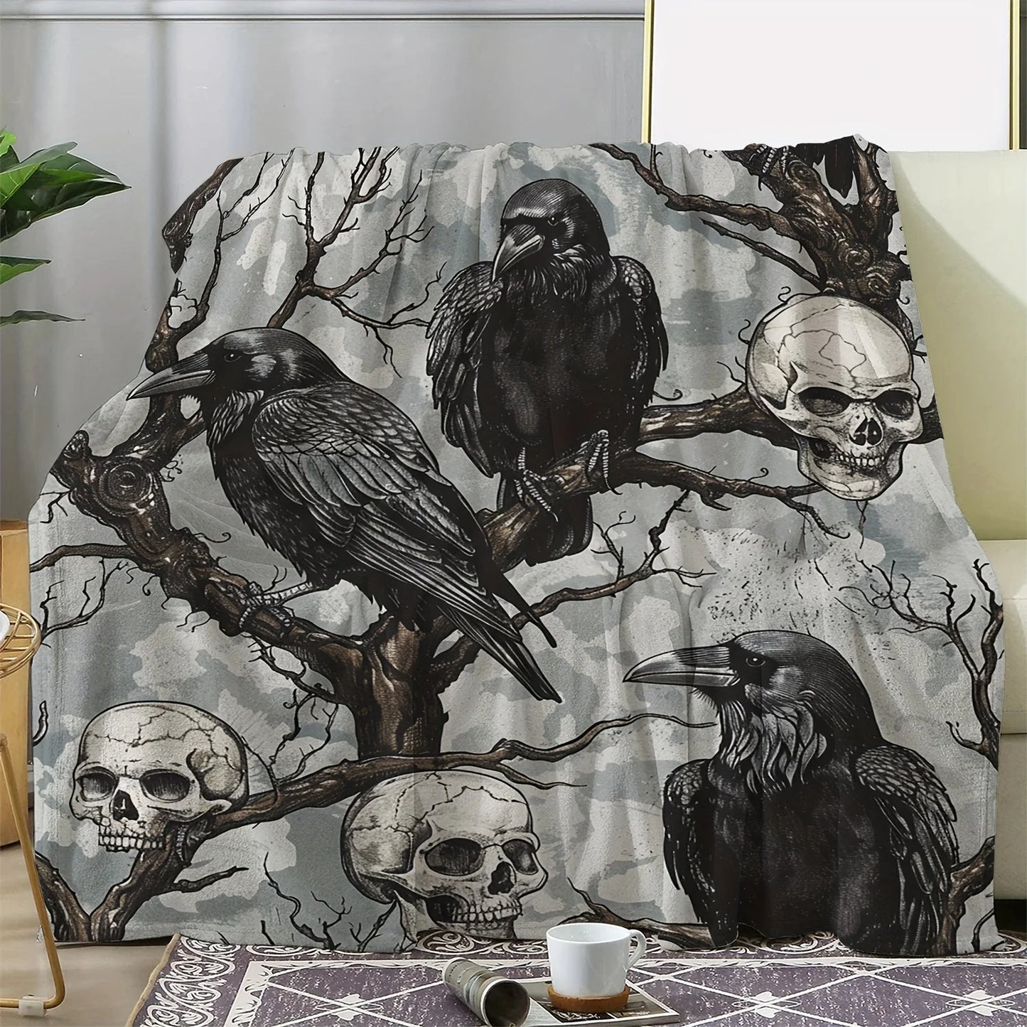 Halloween Skull & Black Crow Flannel Throw Blanket