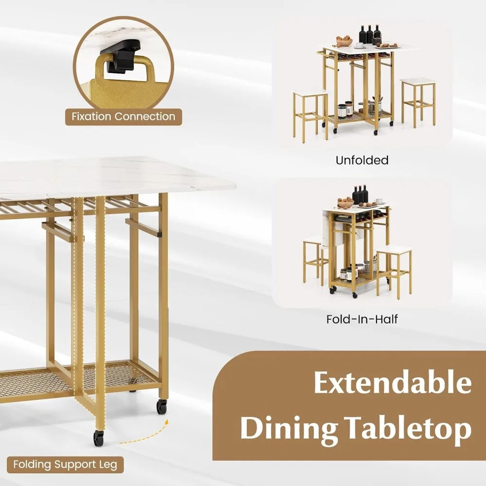 Dining Table  & 2 Stools Set w/ 6-Bottle Wine Rack
