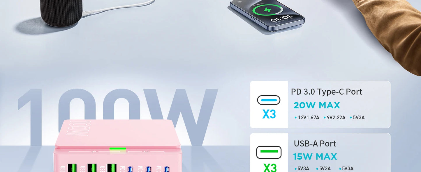 6-Port Quick Charge Hub PD 3.0 Type C and USB A