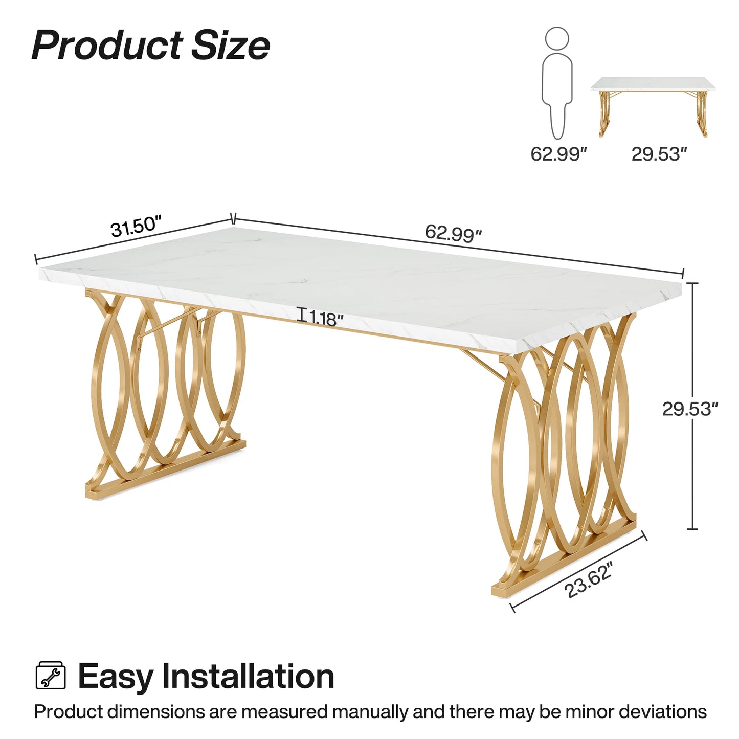 63-Inch Rectangular Dining Table with Faux Marble Table Top