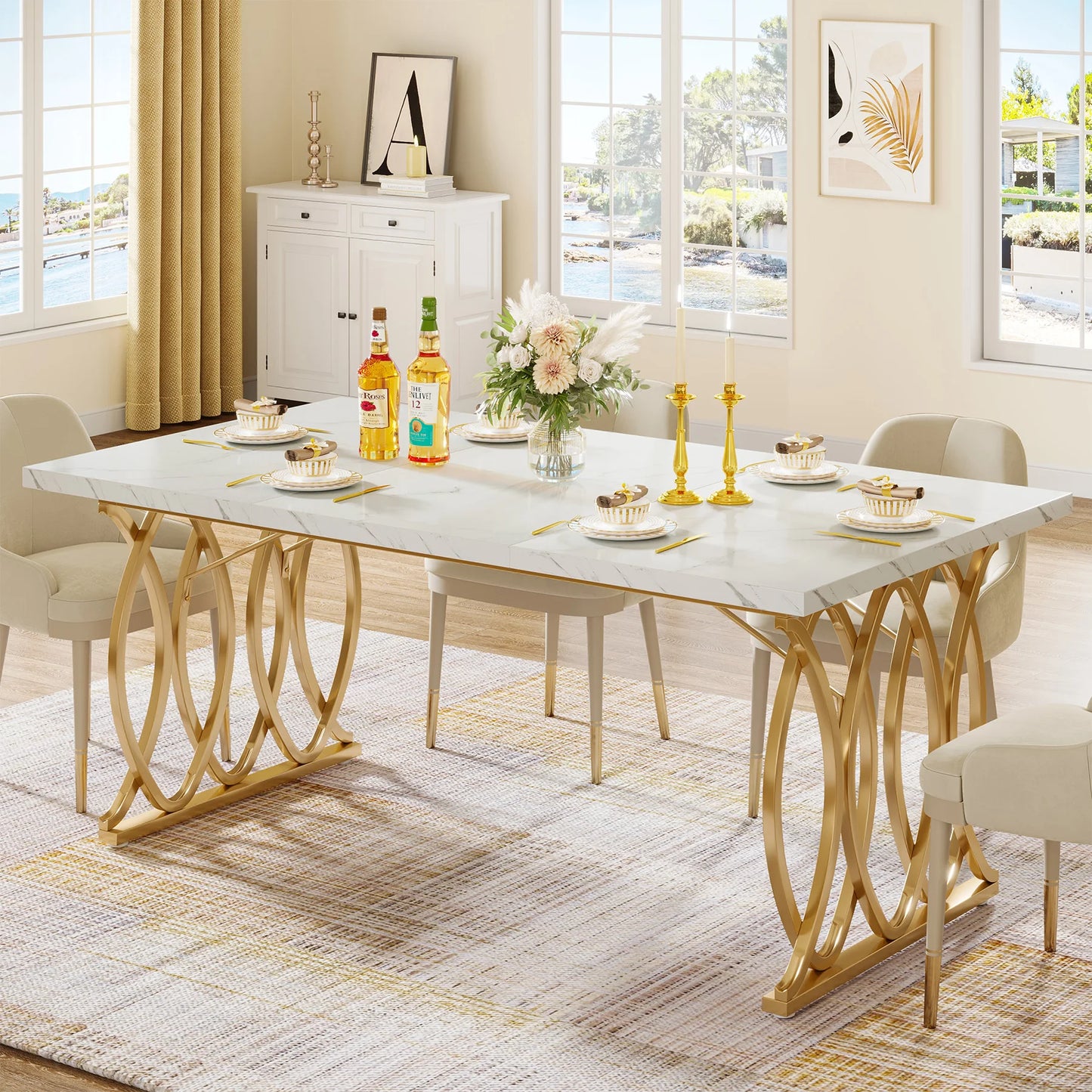 63-Inch Rectangular Dining Table with Faux Marble Table Top