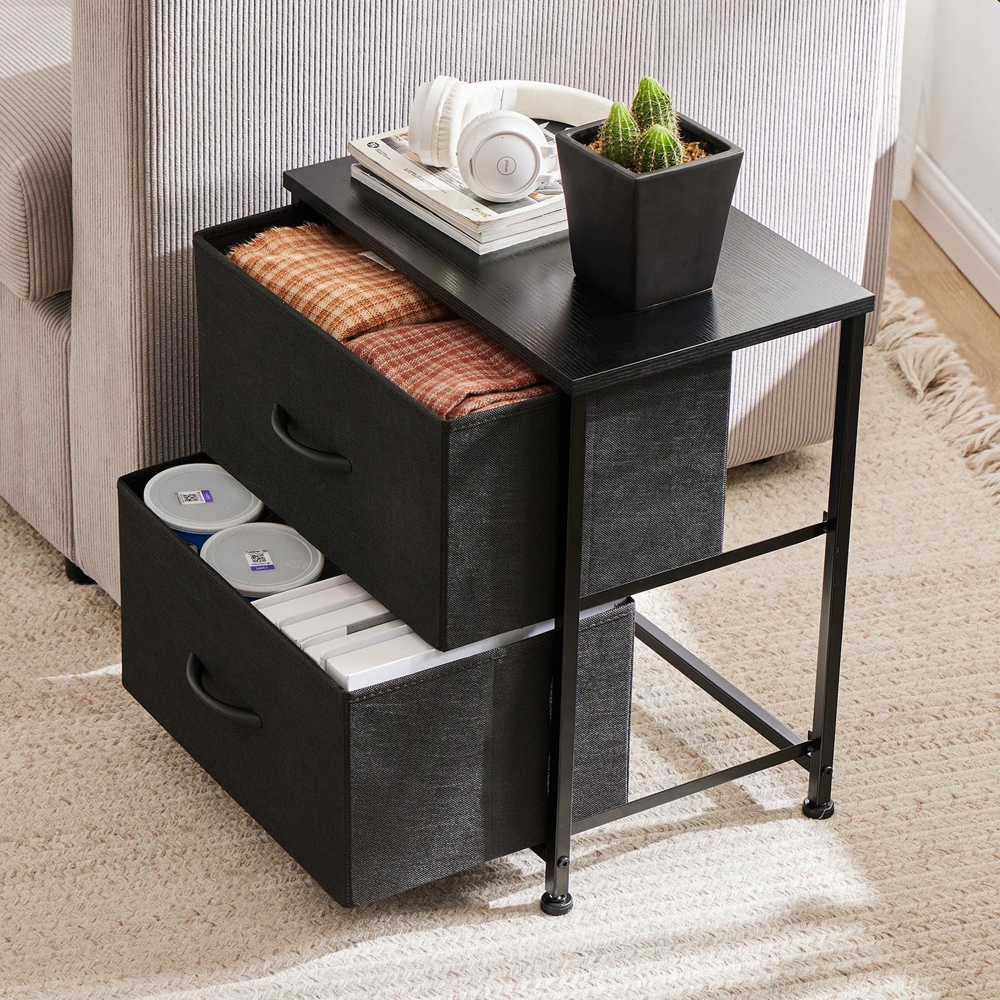 Nightstand Storage Chest w/2 Fabric Drawers