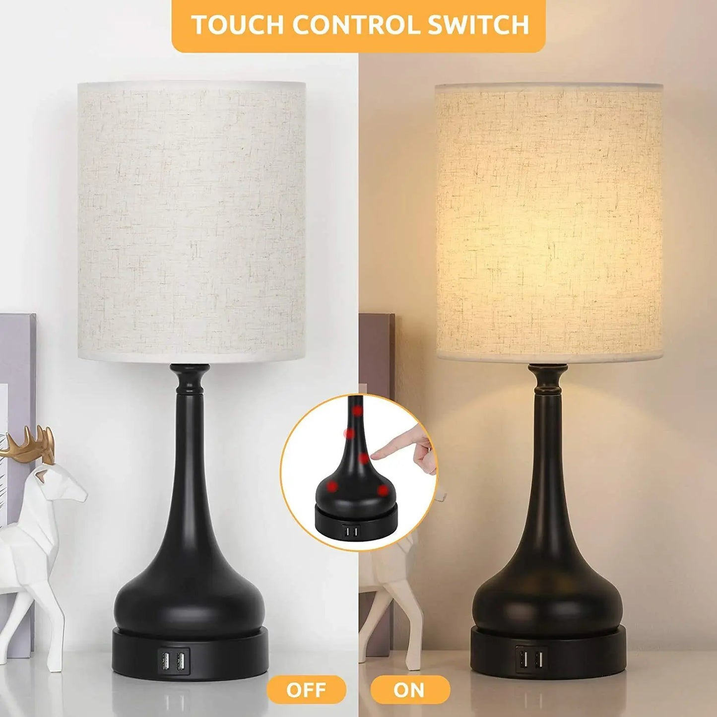 Set of 2 Table Lamps Touch Control with USB Charging Ports