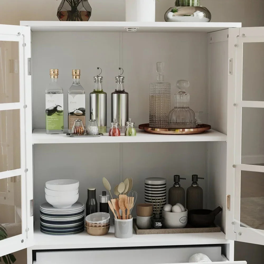 White Buffet Cabinet with Double Glass Doors and Drawer