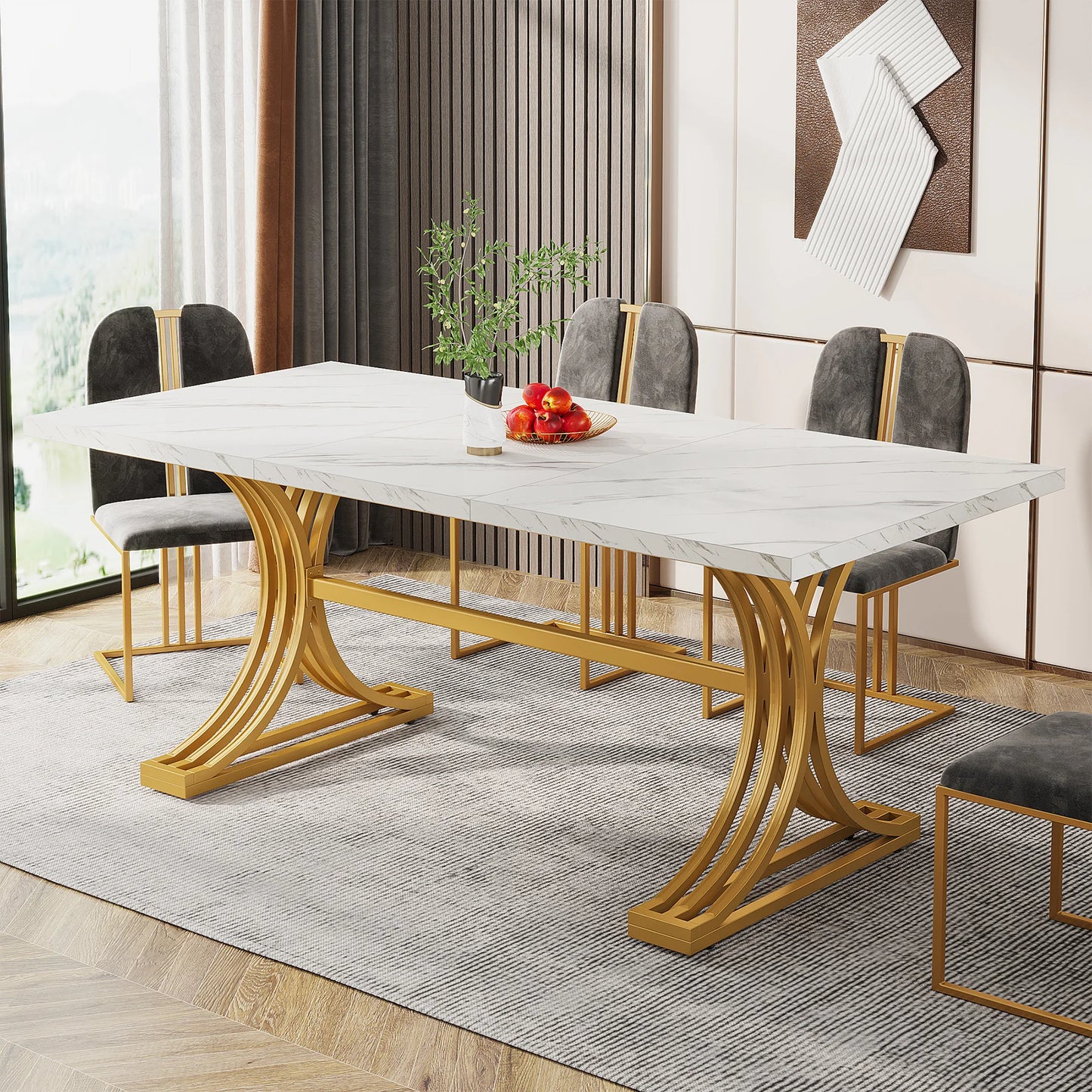 63-Inch Rectangular Dining Table with Faux Marble Table Top