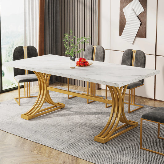 63-Inch Rectangular Dining Table with Faux Marble Table Top
