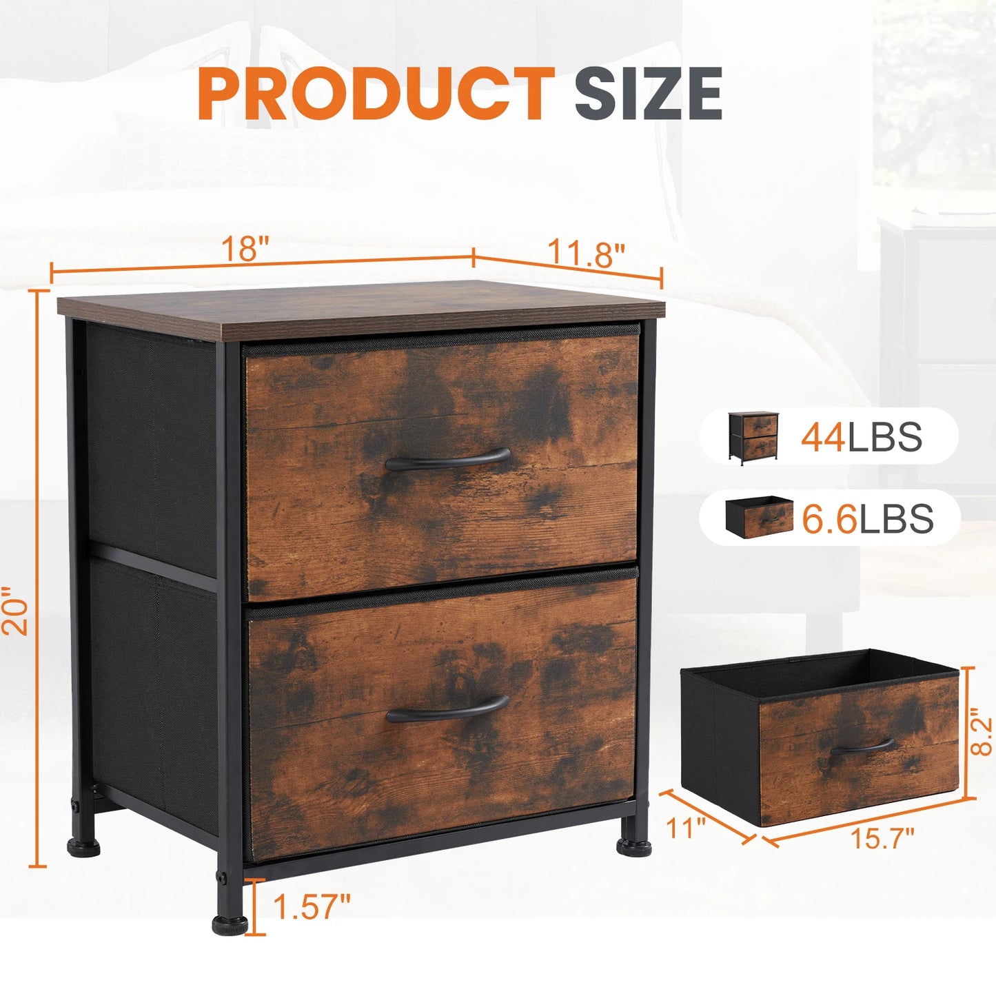 Nightstand Storage Chest w/2 Fabric Drawers
