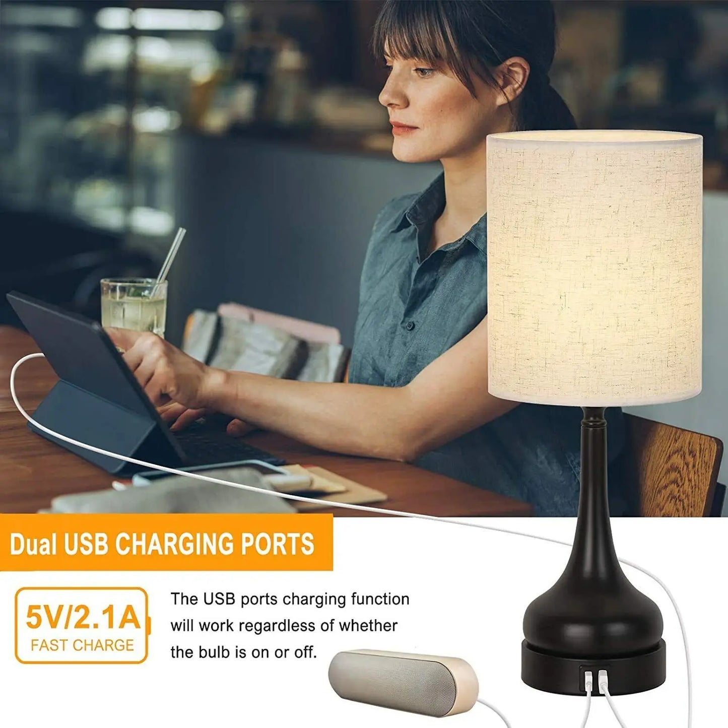 Set of 2 Table Lamps Touch Control with USB Charging Ports