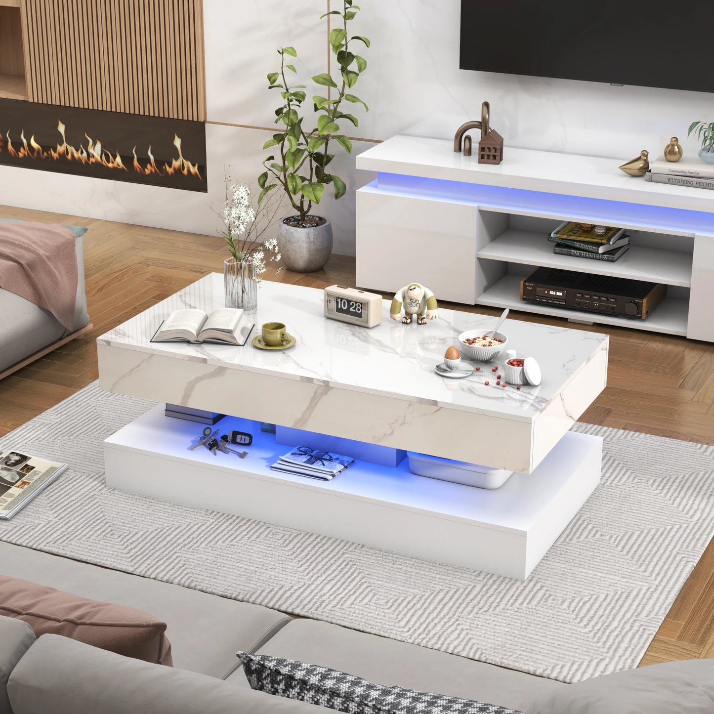 Coffee Table with LED lights and 2 Storage Drawers