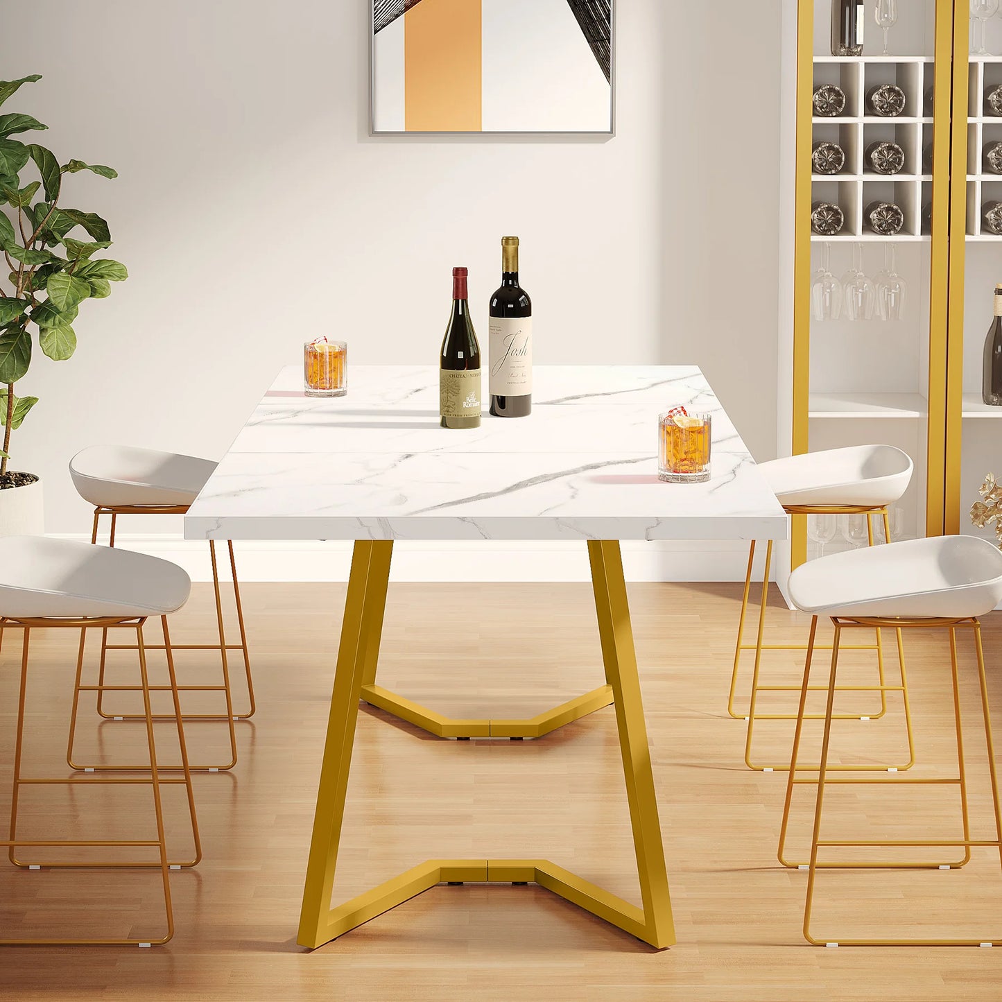 63-Inch Rectangular Dining Table with Faux Marble Table Top