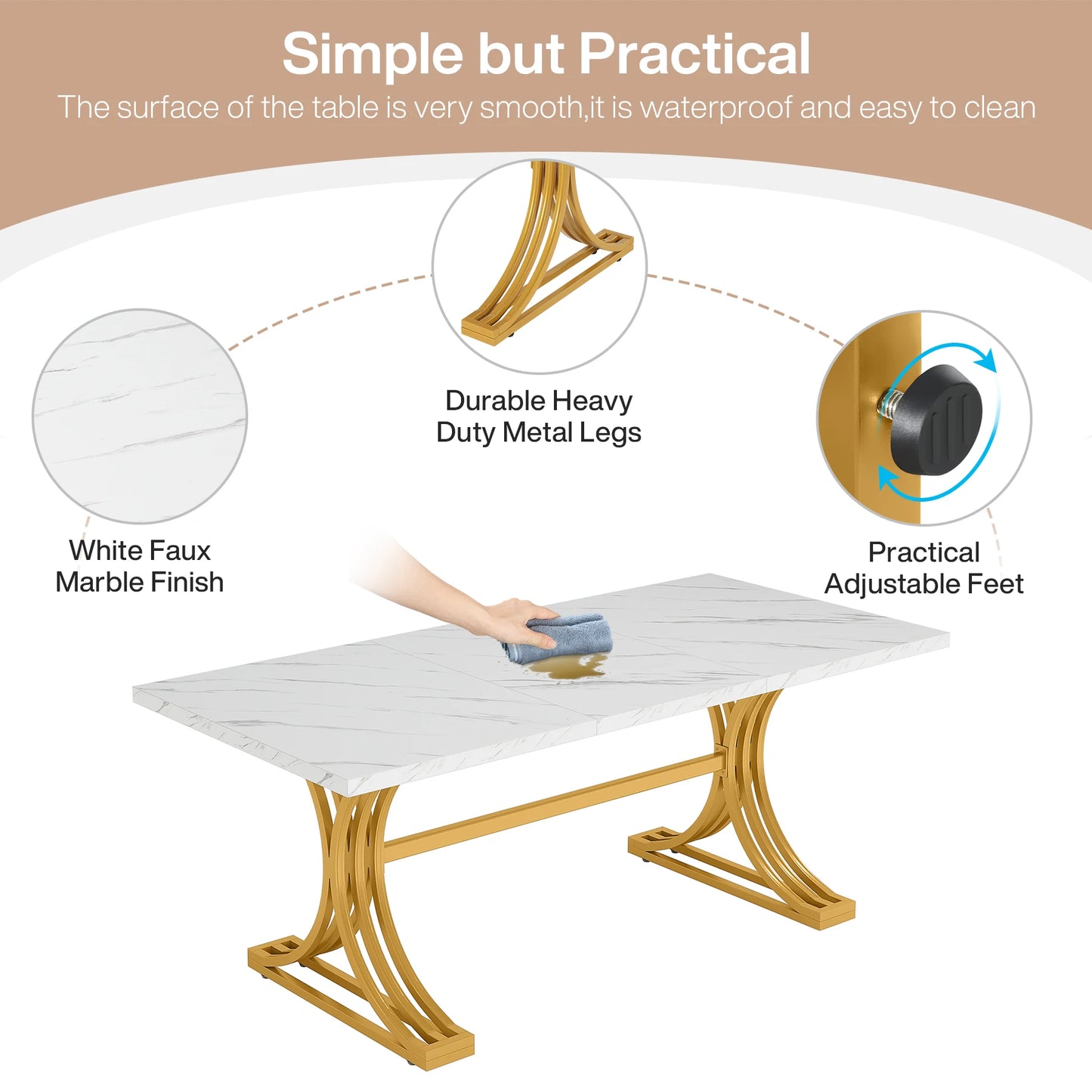 63-Inch Rectangular Dining Table with Faux Marble Table Top