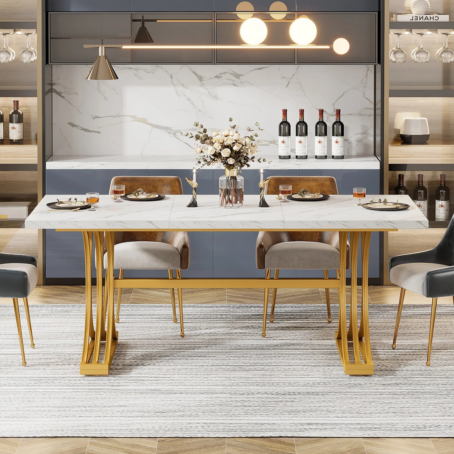 63-Inch Rectangular Dining Table with Faux Marble Table Top