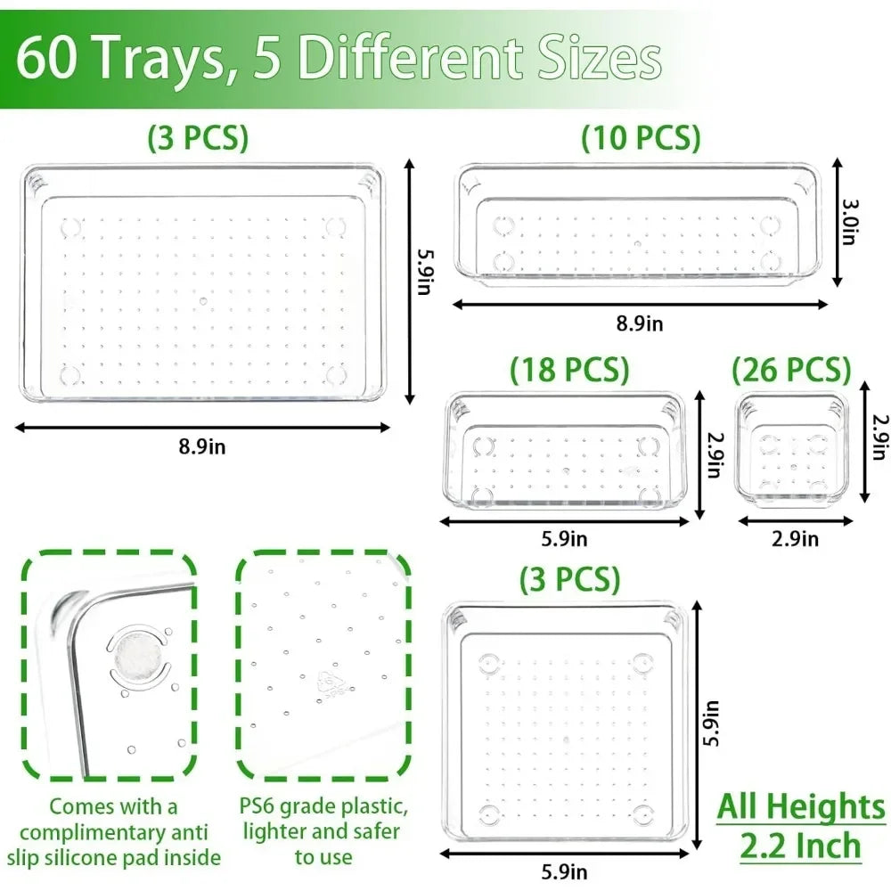 Clear plastic, 5 size drawer organizer trays
