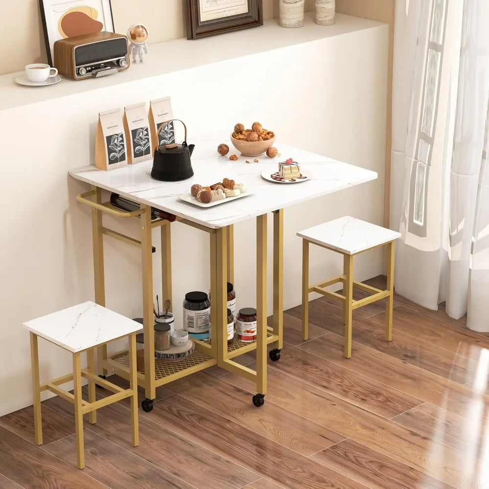 Dining Table  & 2 Stools Set w/ 6-Bottle Wine Rack