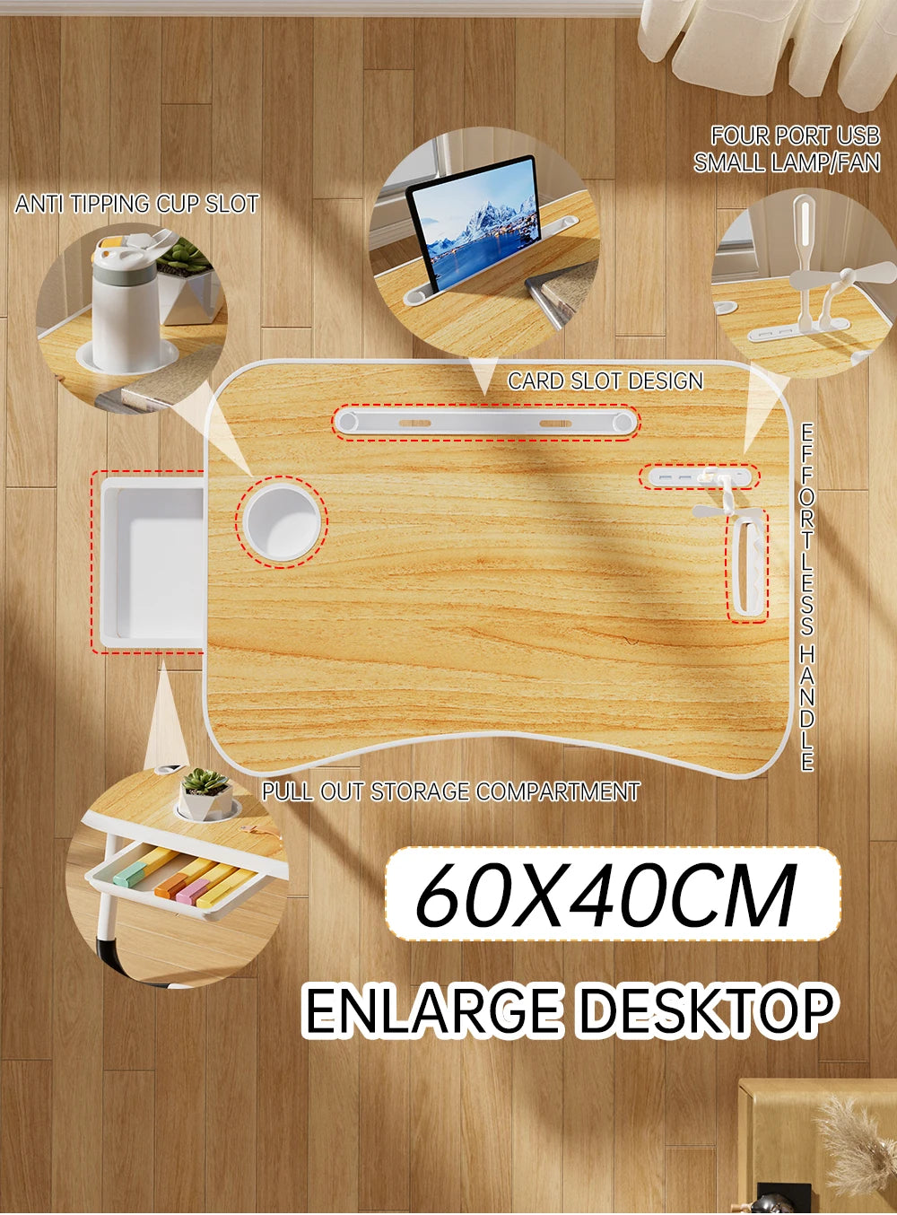 Portable Laptop Desk with USB Light, Tablet Slot