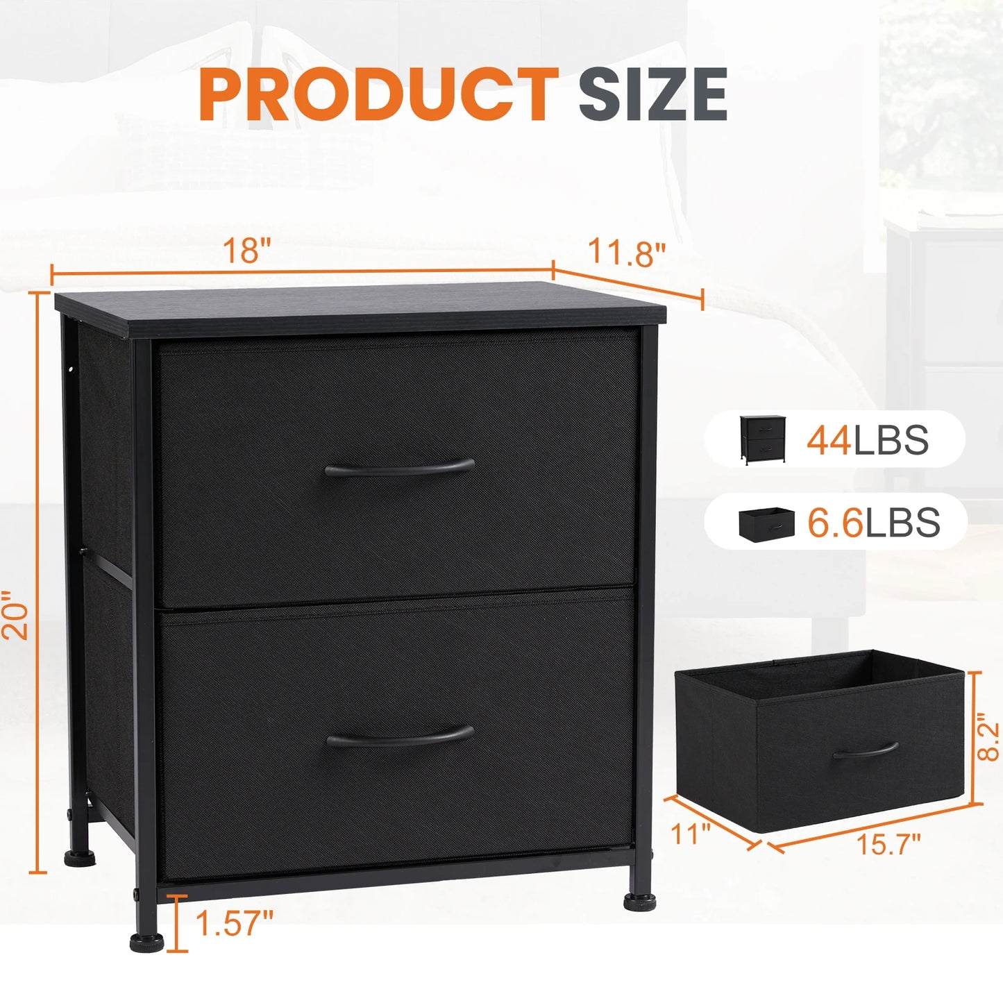 Nightstand Storage Chest w/2 Fabric Drawers