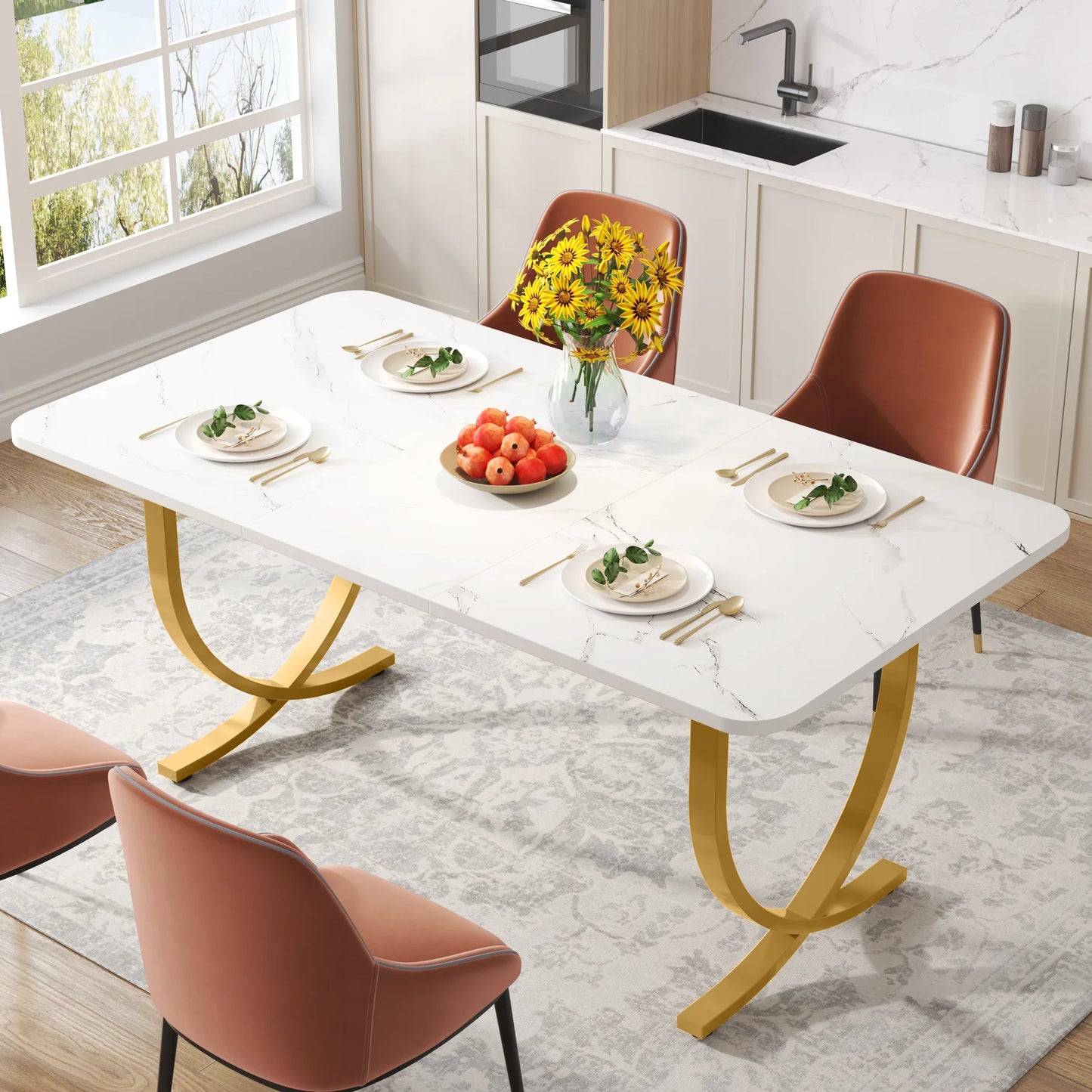 63-Inch Rectangular Dining Table with Faux Marble Table Top