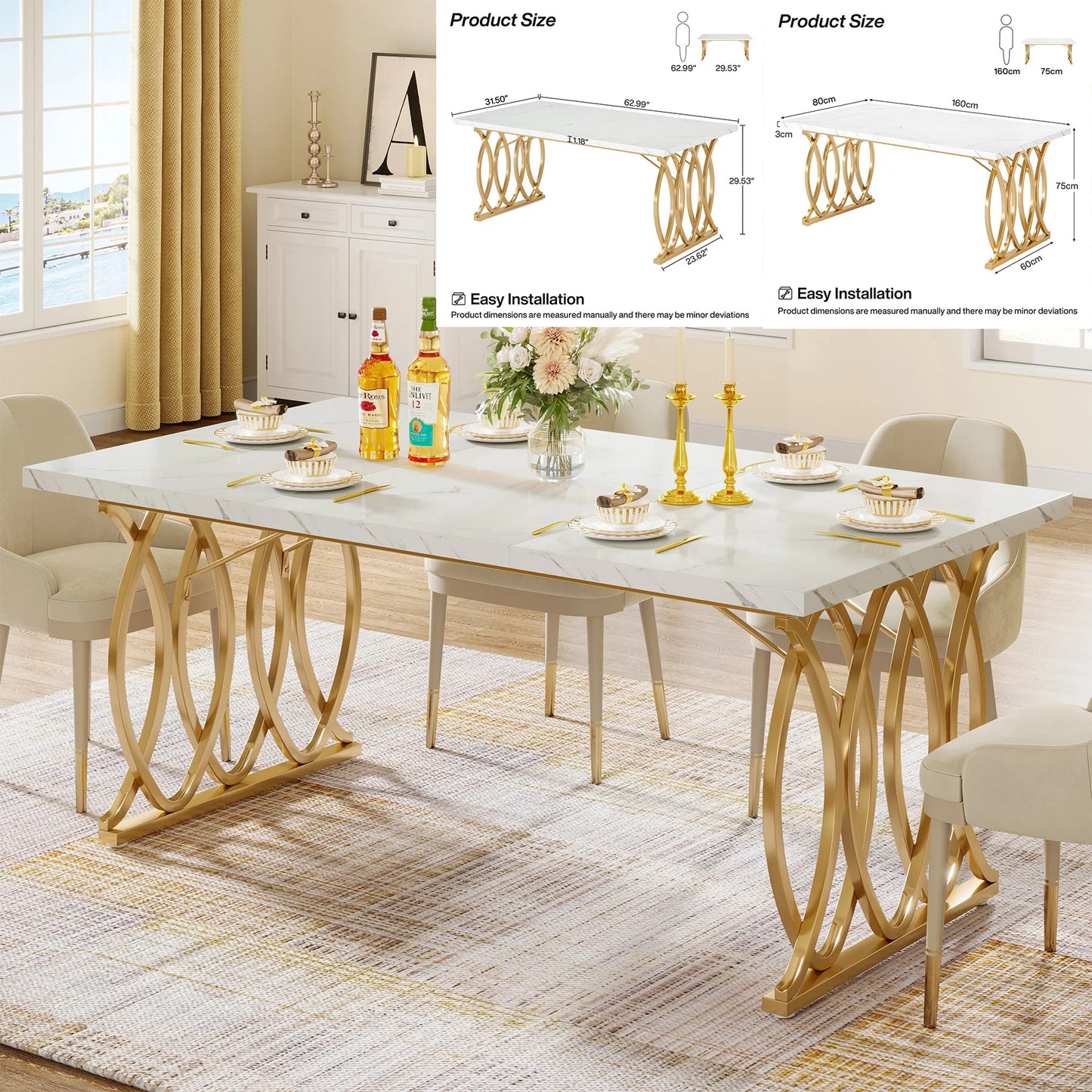 63-Inch Rectangular Dining Table with Faux Marble Table Top