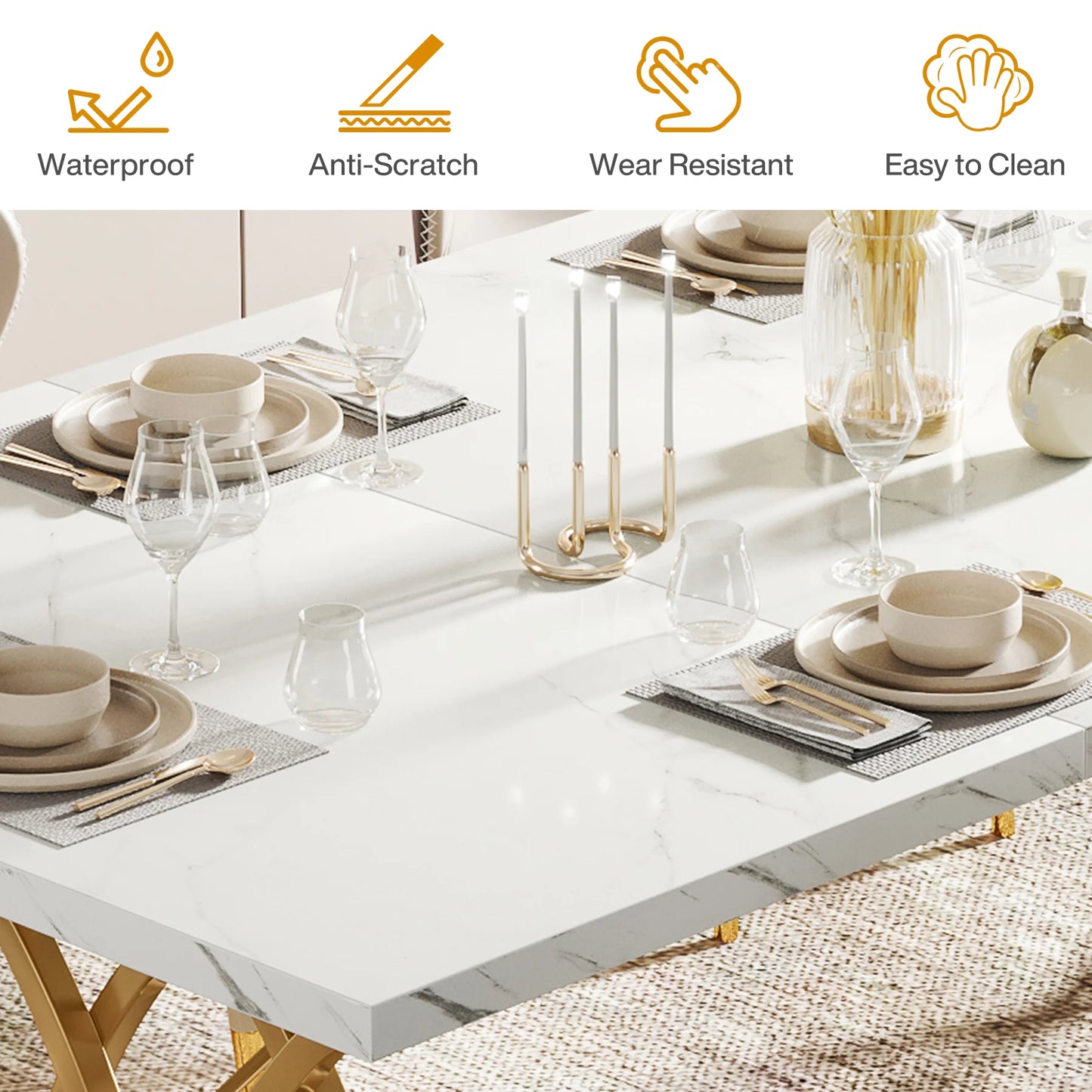 63-Inch Rectangular Dining Table with Faux Marble Table Top