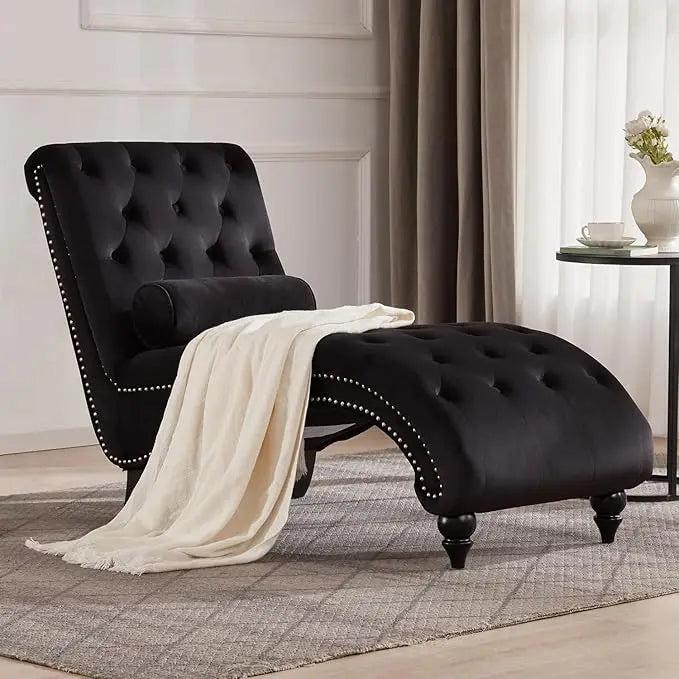 Button-Tufted Chaise Lounge  with Solid Wood Legs