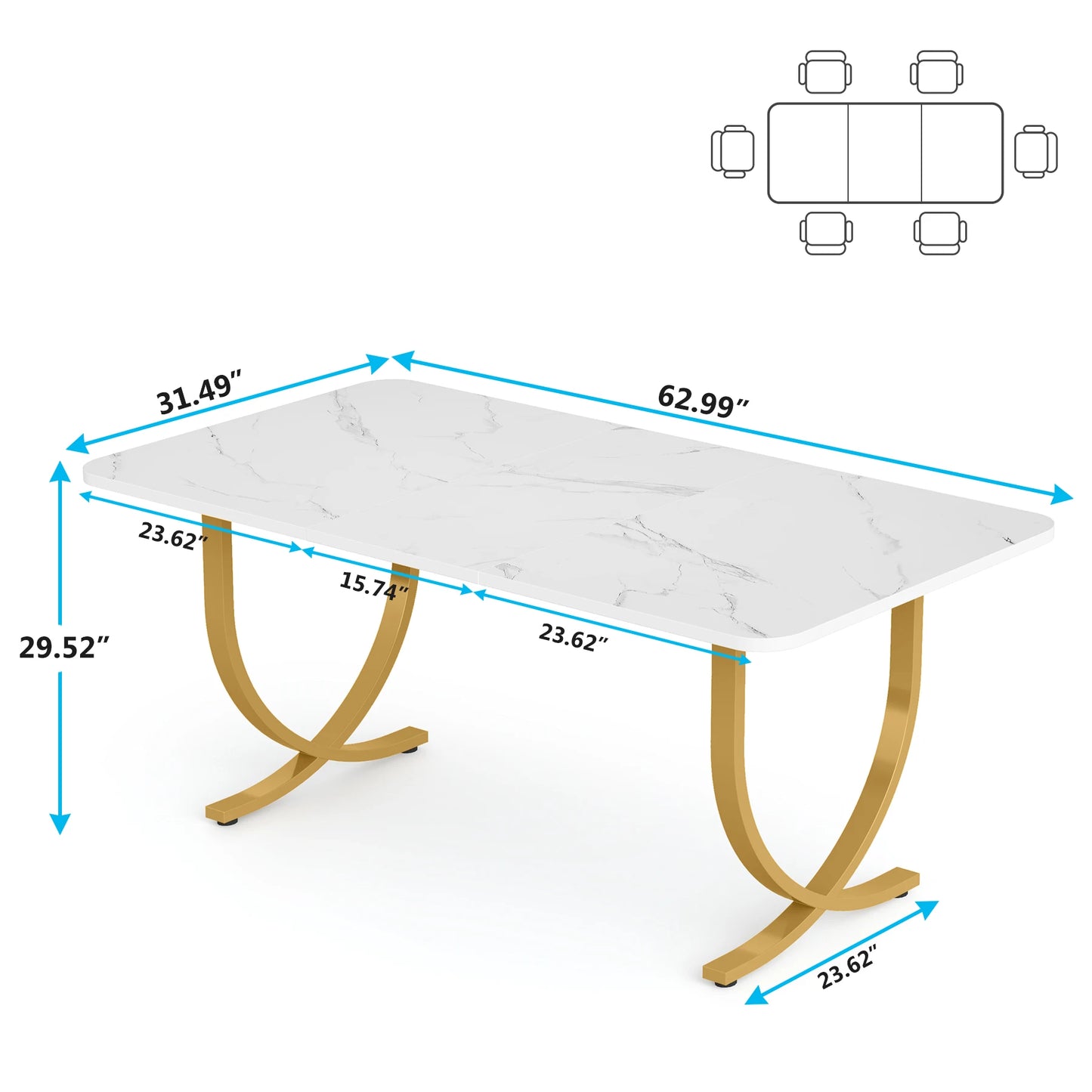 63-Inch Rectangular Dining Table with Faux Marble Table Top