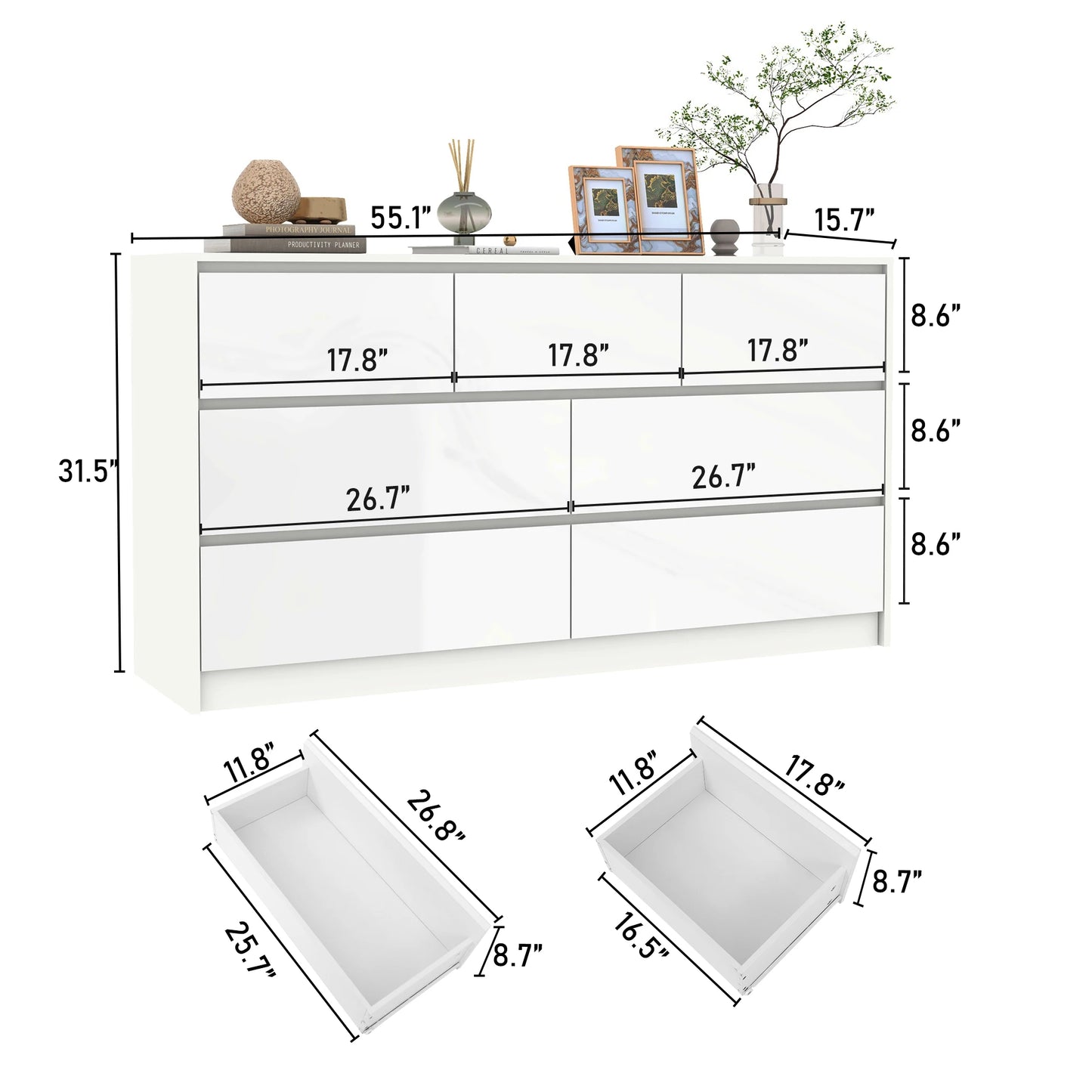 Dresser 7 Drawer, 55 Inch High Gloss