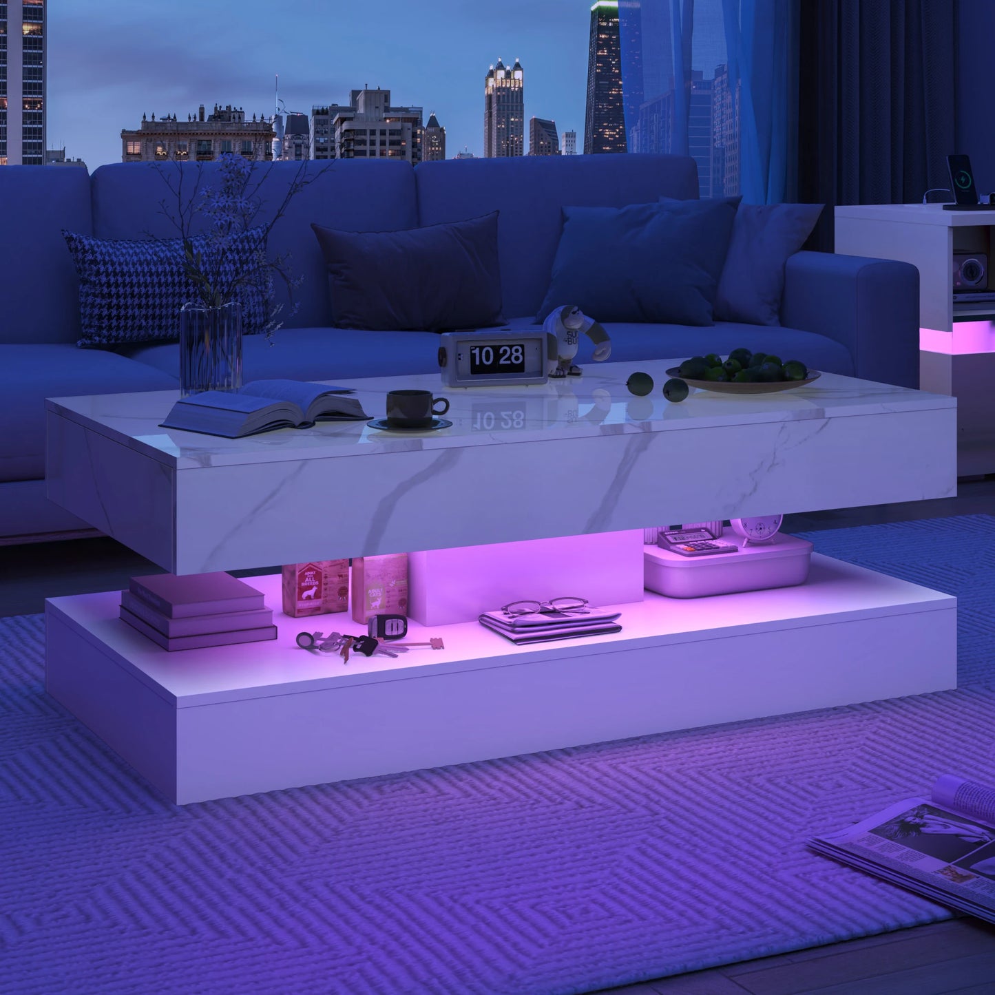 Coffee Table with LED lights and 2 Storage Drawers