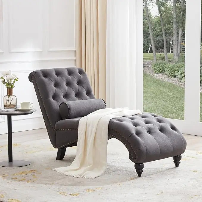 Button-Tufted Chaise Lounge  with Solid Wood Legs