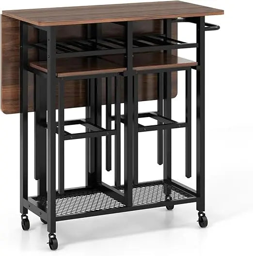 Dining Table  & 2 Stools Set w/ 6-Bottle Wine Rack