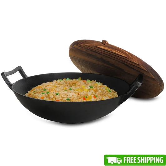 14 Inch Cast Iron Wok Set with Wood Lid