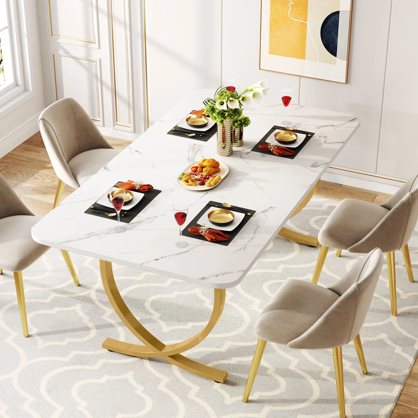 63-Inch Rectangular Dining Table with Faux Marble Table Top