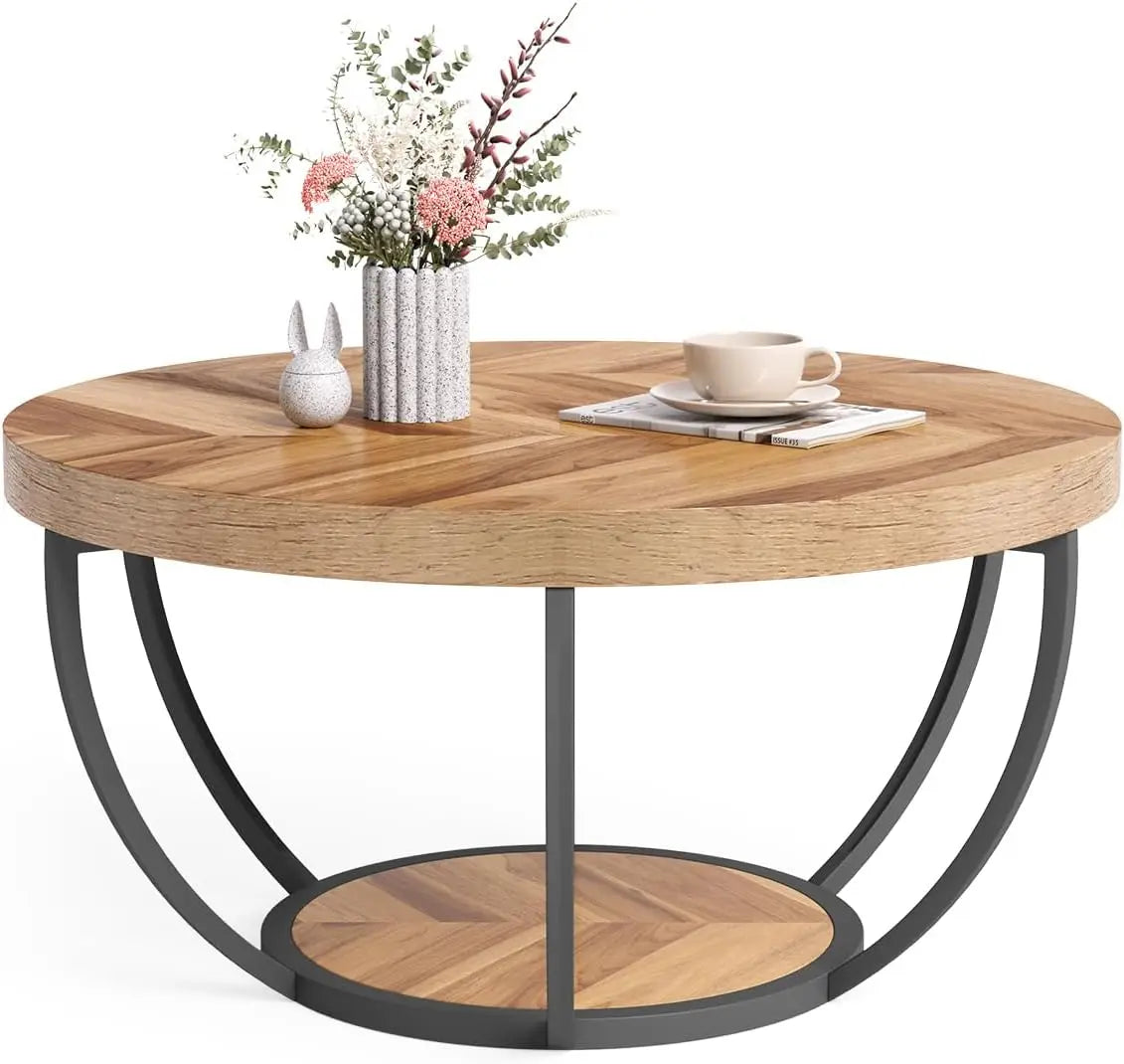 32" Circle Marble Coffee Table 2-Tier Metal Legs