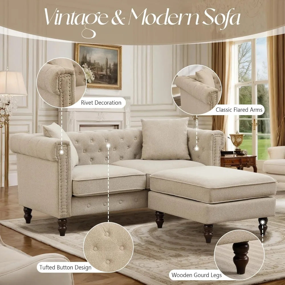 62" Chesterfield Tufted Linen Sofa Couch