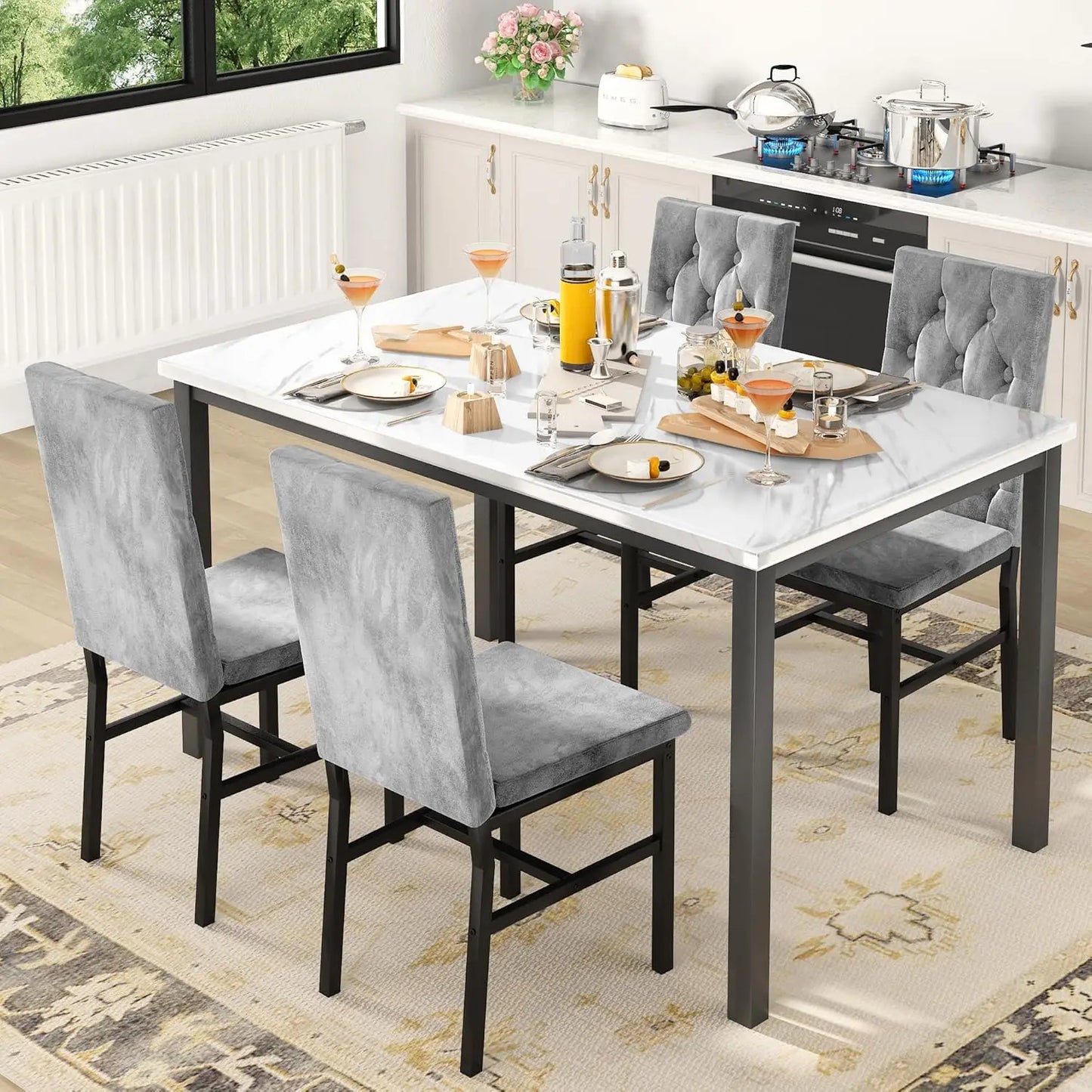 Dining Table Set for 4, Faux Marble Top