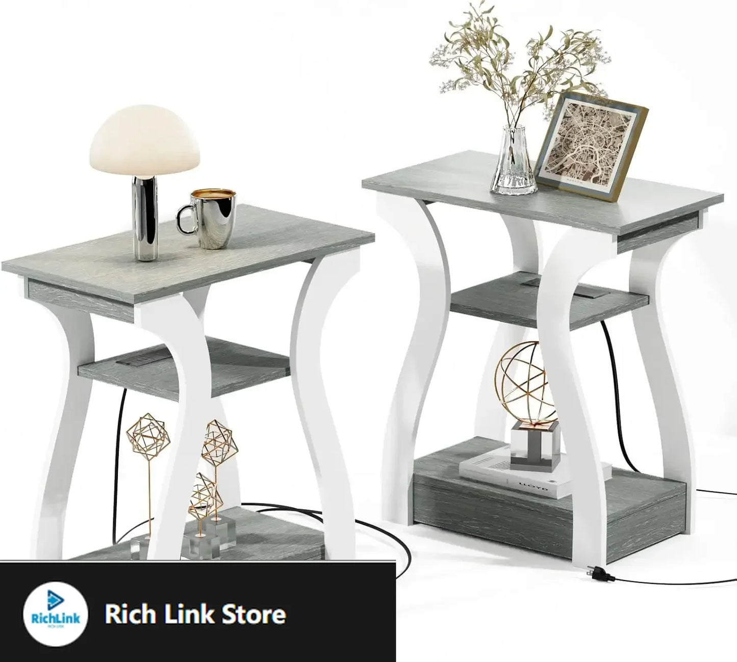 Side Table Set of 2 with Charging Station