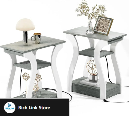 Side Table Set of 2 with Charging Station