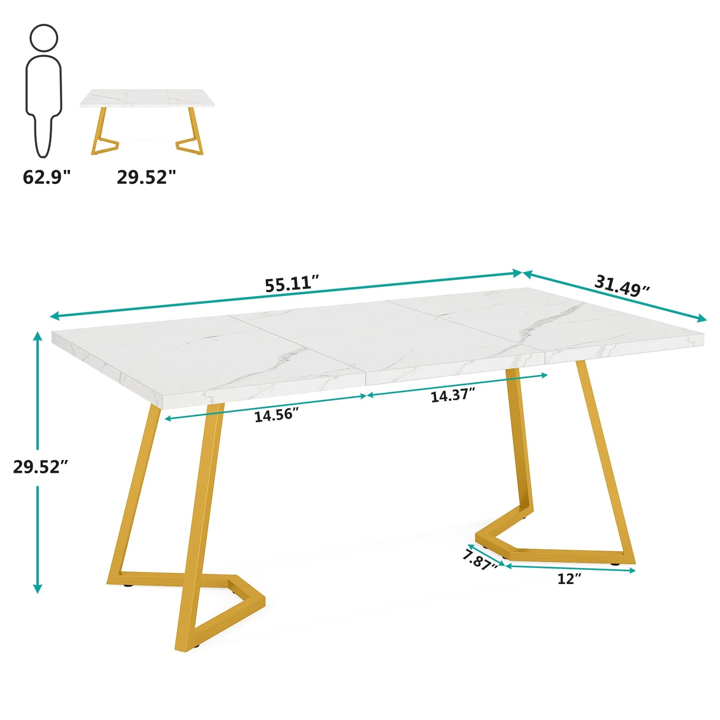 63-Inch Rectangular Dining Table with Faux Marble Table Top