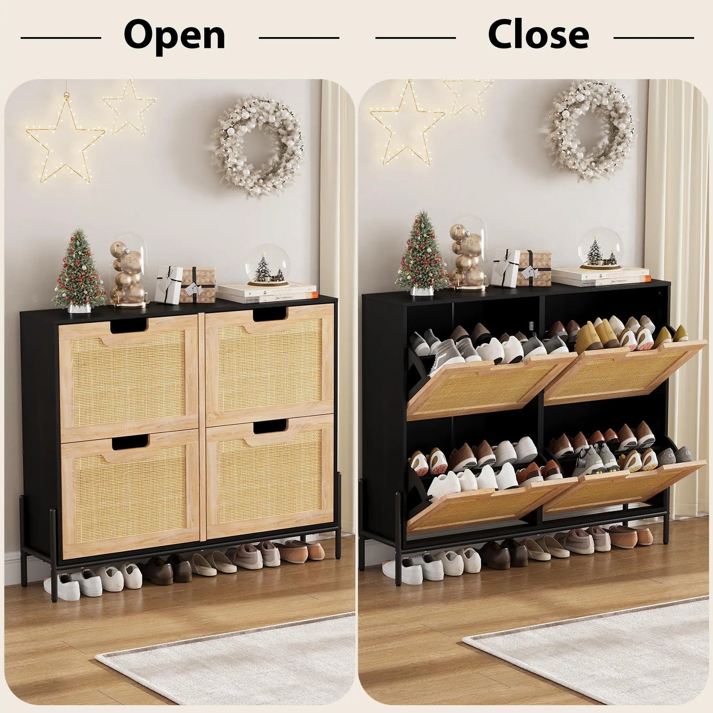 Natural Rattan Shoe Storage Cabinet with 4 Flip Drawers