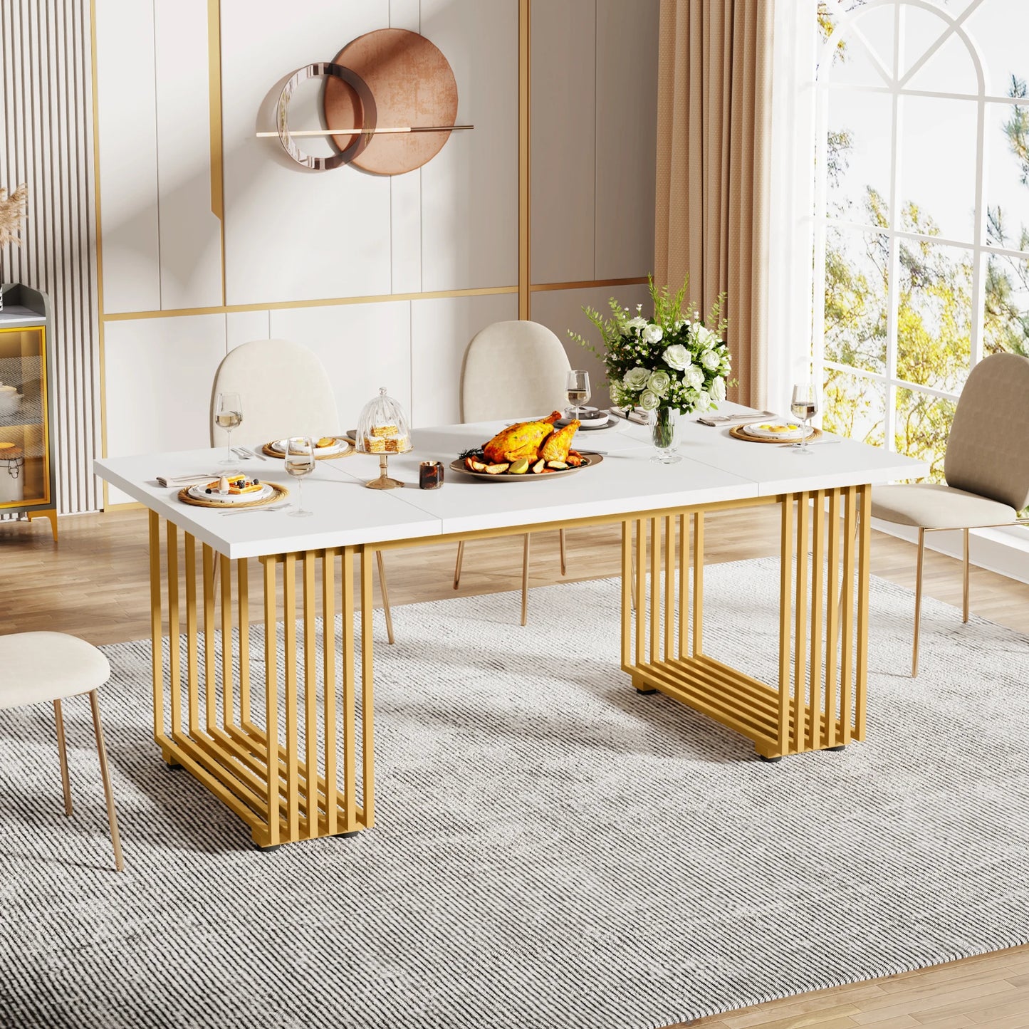 63-Inch Rectangular Dining Table with Faux Marble Table Top